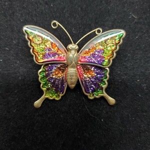 Vintage Brooch Glitter Rainbow Butterfly Interpur Marked Gold Toned Pin